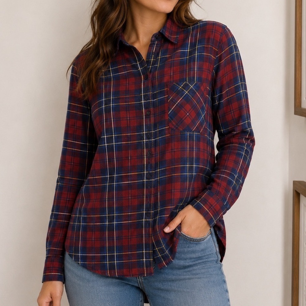 Polly&Esther Plaid Button Down Shirt L Red Blue Soft Rayon Grunge Y2K Cabincore